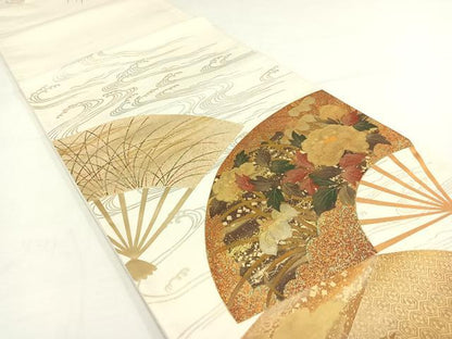 平和屋着物◎太鼓柄袋帯　流水扇面草花文　漆　金銀彩　正絹　逸品　AAAP3846jh