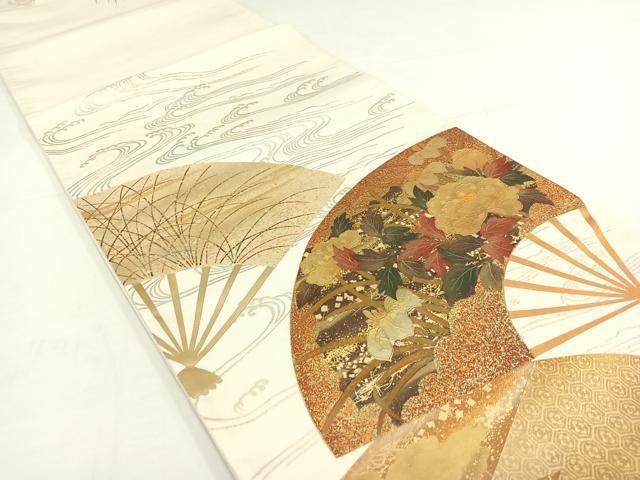 平和屋着物◎太鼓柄袋帯　流水扇面草花文　漆　金銀彩　正絹　逸品　AAAP3846jh