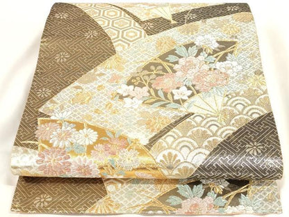 平和屋着物◎六通柄袋帯 唐織 扇花文 金銀糸 正絹 逸品 AAAP4451ru