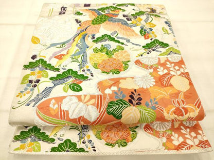 平和屋着物◎六通柄袋帯 唐織 花鳥丸文 銀糸 正絹 逸品 AAAP5086fw