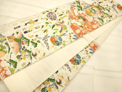 平和屋着物◎六通柄袋帯 唐織 花鳥丸文 銀糸 正絹 逸品 AAAP5086fw