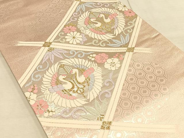 平和屋着物◎六通柄袋帯 唐織 天井双鶴文 金銀糸 正絹 逸品 AAAP6272ey