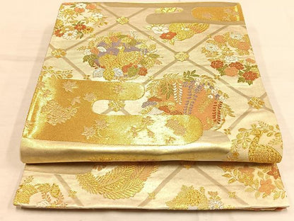 平和屋着物◎六通柄袋帯 唐織 エ霞花鳥文 金銀糸 引箔 正絹 逸品 AAAP6304ey