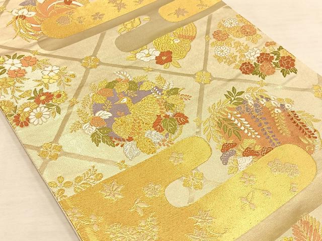 平和屋着物◎六通柄袋帯 唐織 エ霞花鳥文 金銀糸 引箔 正絹 逸品 AAAP6304ey