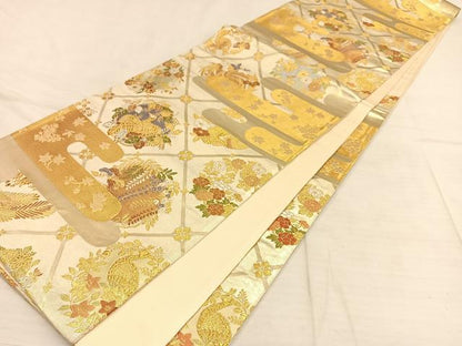 平和屋着物◎六通柄袋帯 唐織 エ霞花鳥文 金銀糸 引箔 正絹 逸品 AAAP6304ey