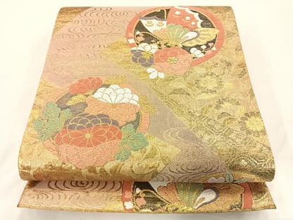 平和屋着物◎六通柄袋帯 唐織 花蝶丸文 金糸 正絹 逸品 AAAP6608wt