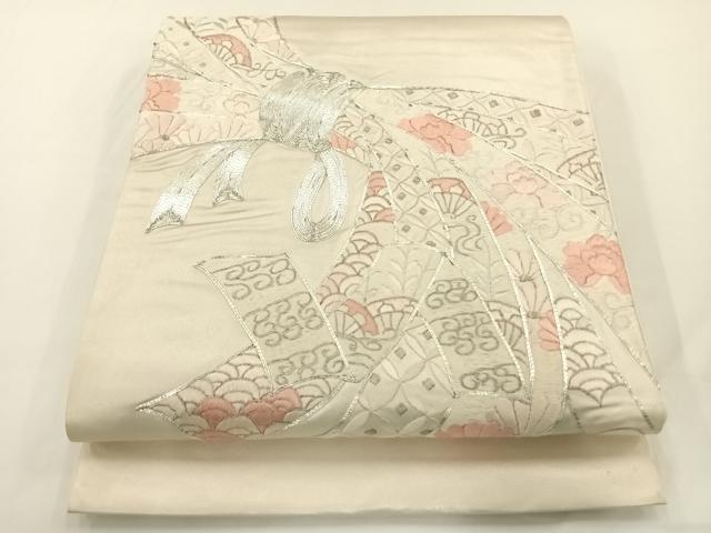 平和屋着物◎太鼓柄袋帯 総刺繍 駒刺繍 束ね熨斗文 金糸 正絹 逸品 AAAP6609wt