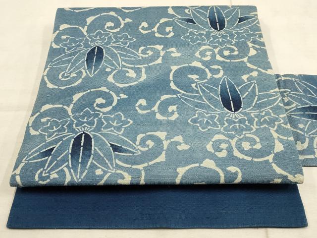 平和屋着物●九寸名古屋帯　紬地　本藍　型染　笹竜胆唐草文　正絹　逸品　AAAP7136wj