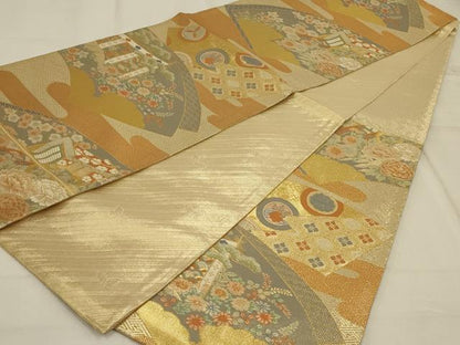 平和屋着物◎宝珠本佐賀錦　六通柄袋帯　地紙草花文　金糸　正絹　逸品　AAAP7520ou