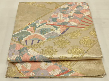 平和屋着物◎六通柄袋帯　唐織　能衣錦　扇草花文　金糸　正絹　逸品　AAAP7532ou
