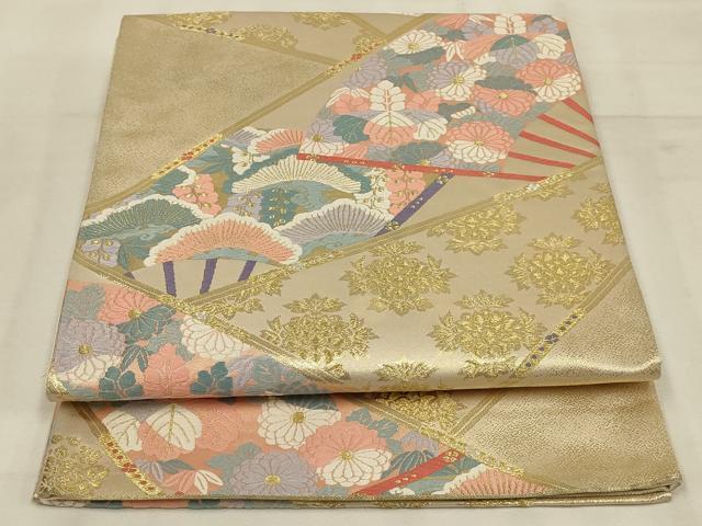 平和屋着物◎六通柄袋帯　唐織　能衣錦　扇草花文　金糸　正絹　逸品　AAAP7532ou