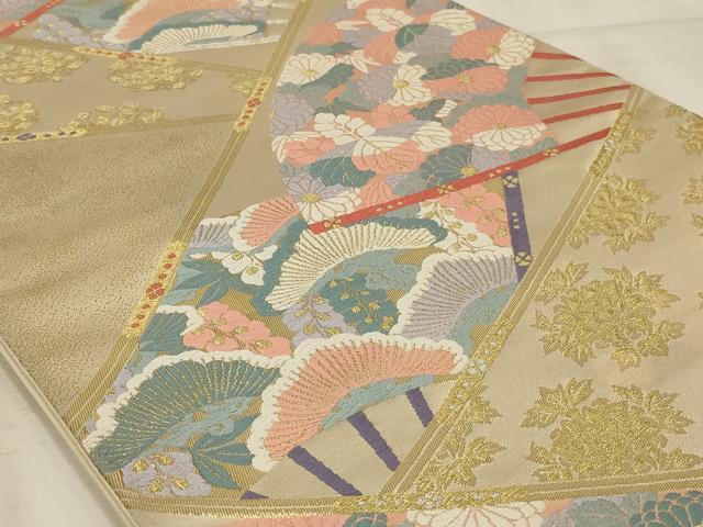平和屋着物◎六通柄袋帯　唐織　能衣錦　扇草花文　金糸　正絹　逸品　AAAP7532ou