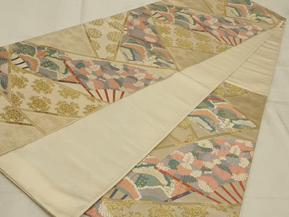 平和屋着物◎六通柄袋帯　唐織　能衣錦　扇草花文　金糸　正絹　逸品　AAAP7532ou