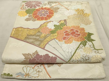 平和屋着物■西陣　六通柄袋帯　唐織　扇面花文　金銀糸　正絹　逸品　AAAP8168sx