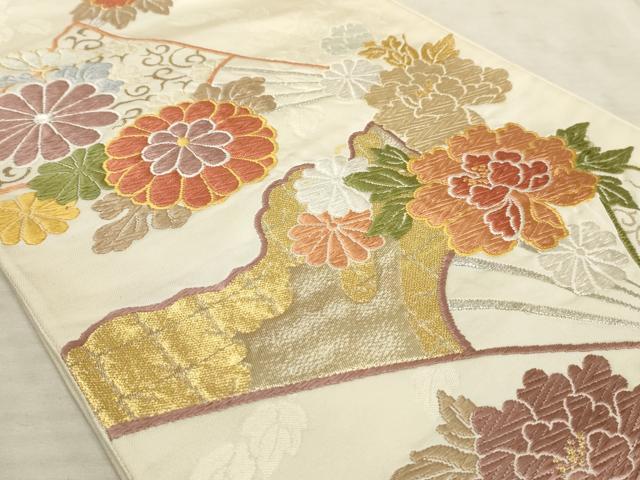 平和屋着物■西陣　六通柄袋帯　唐織　扇面花文　金銀糸　正絹　逸品　AAAP8168sx