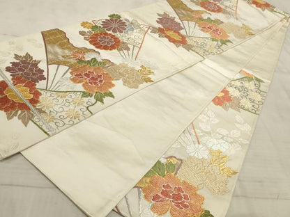 平和屋着物■西陣　六通柄袋帯　唐織　扇面花文　金銀糸　正絹　逸品　AAAP8168sx