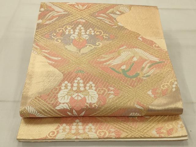 平和屋着物◎六通柄袋帯 向かい鳥花菱文 金糸 引箔 正絹 逸品 AAAP8238ou