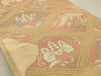 平和屋着物◎六通柄袋帯 向かい鳥花菱文 金糸 引箔 正絹 逸品 AAAP8238ou