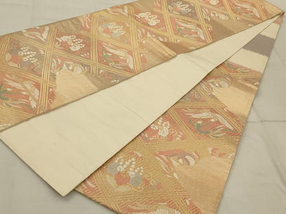 平和屋着物◎六通柄袋帯 向かい鳥花菱文 金糸 引箔 正絹 逸品 AAAP8238ou