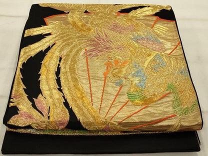 平和屋着物◎六通柄袋帯 扇面鳳凰花文 黒地 金銀糸 正絹 逸品 AAAP8243ou
