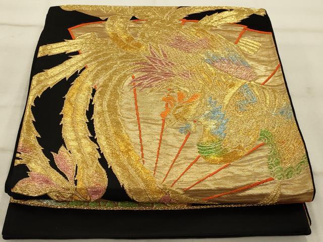 平和屋着物◎六通柄袋帯 扇面鳳凰花文 黒地 金銀糸 正絹 逸品 AAAP8243ou