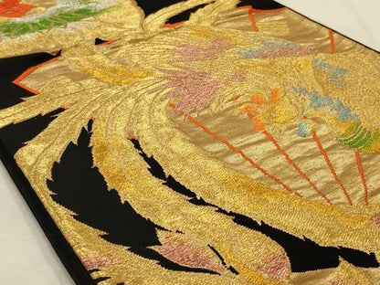 平和屋着物◎六通柄袋帯 扇面鳳凰花文 黒地 金銀糸 正絹 逸品 AAAP8243ou