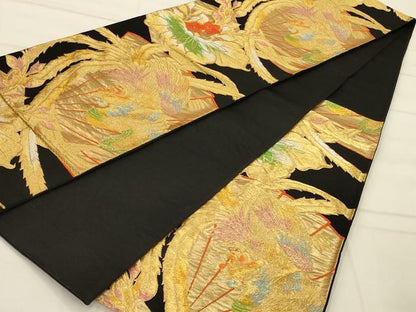 平和屋着物◎六通柄袋帯 扇面鳳凰花文 黒地 金銀糸 正絹 逸品 AAAP8243ou