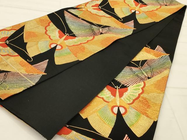 平和屋着物◎六通柄袋帯 唐織 舞蝶文 黒地 金銀糸 正絹 逸品 AAAP8244ou