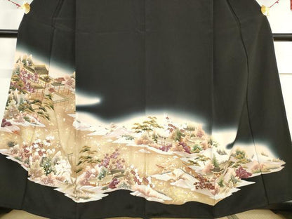 平和屋着物■豪華黒留袖 駒刺繍 風景花文 暈し染め 金彩 正絹 逸品 AAAP8403ma