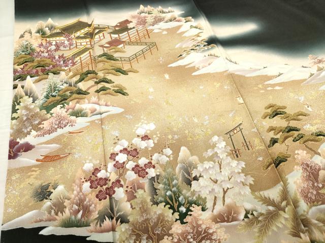 平和屋着物■豪華黒留袖 駒刺繍 風景花文 暈し染め 金彩 正絹 逸品 AAAP8403ma