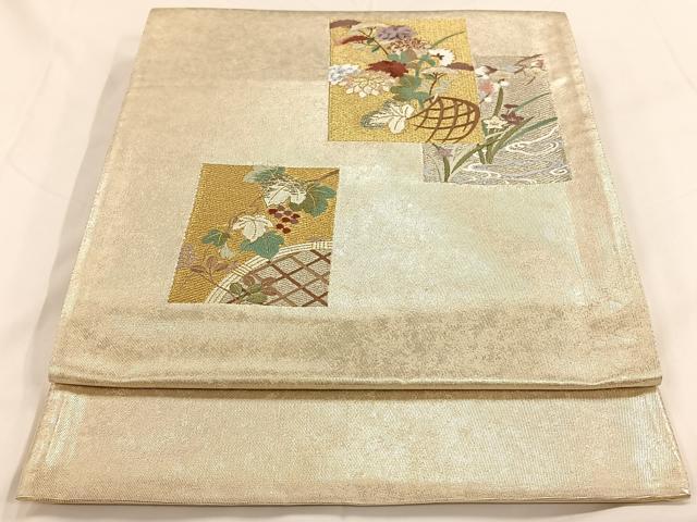 平和屋着物◎六通太鼓柄袋帯　刺繍　草花文　金銀糸　引箔　正絹　逸品　AAAP9041ey