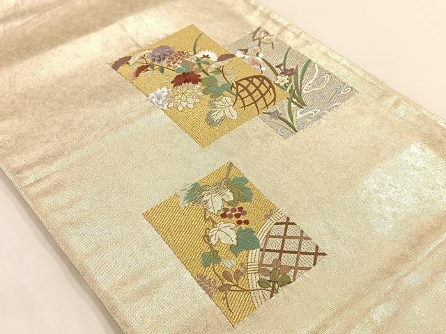 平和屋着物◎六通太鼓柄袋帯　刺繍　草花文　金銀糸　引箔　正絹　逸品　AAAP9041ey