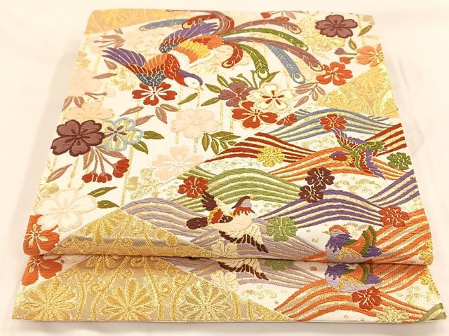 平和屋着物◎六通柄袋帯 唐織 尾長鳥吉祥文 金糸 正絹 逸品 AAAP9049ey