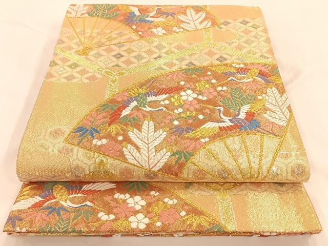 平和屋着物◎六通柄袋帯 唐織 扇面花鳥文 金銀糸 正絹 逸品