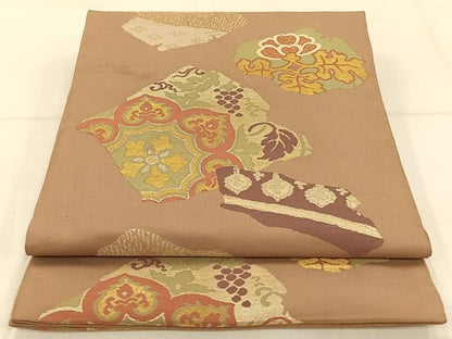 平和屋着物◎六通柄袋帯 葡萄蔦の葉花文 金糸 正絹 逸品 AAAP9082ey