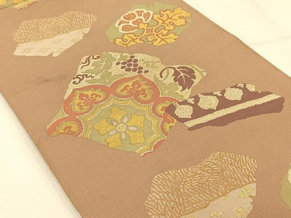平和屋着物◎六通柄袋帯 葡萄蔦の葉花文 金糸 正絹 逸品 AAAP9082ey