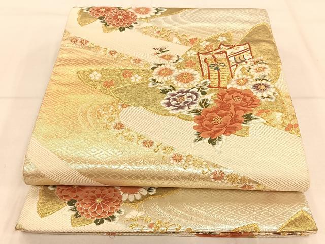 平和屋着物◎六通柄袋帯 唐織 流水草花文 金銀糸 正絹 逸品 AAAP9106ey