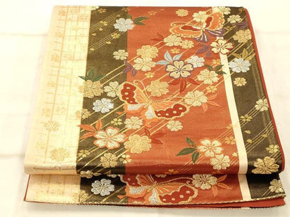 平和屋着物◎六通柄袋帯 唐織 花蝶文 金銀糸 正絹 逸品 AAAP9805fw