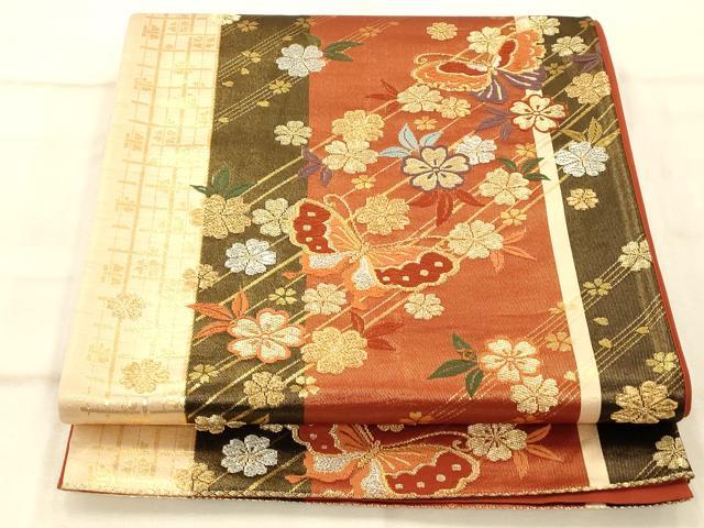 平和屋着物◎六通柄袋帯 唐織 花蝶文 金銀糸 正絹 逸品 AAAP9805fw