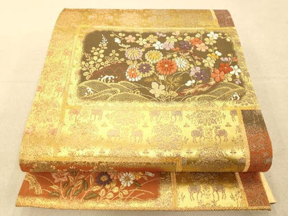 平和屋着物◎六通柄袋帯 唐織 天井流水花文 金糸 正絹 逸品 AAAP9862fw