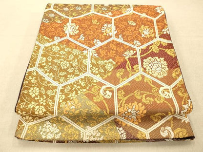 平和屋着物◎六通柄袋帯 唐織 切嵌亀甲更紗花文 金糸 正絹 逸品 AAAP9863fw