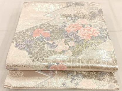平和屋着物◎六通柄袋帯　唐織　霞花鳥文　銀糸　正絹　逸品　AAAP9935ey