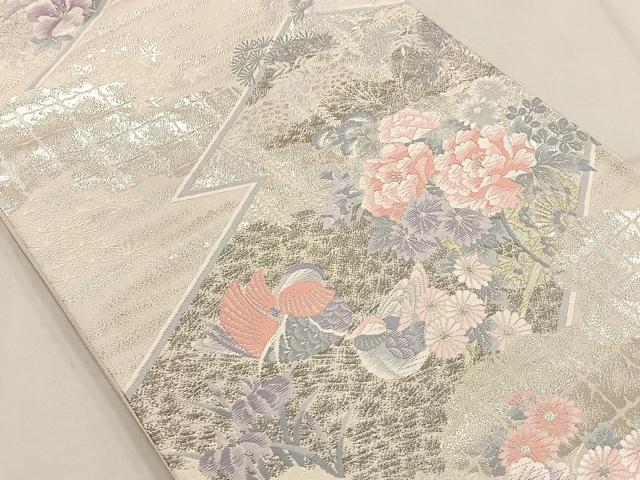 平和屋着物◎六通柄袋帯　唐織　霞花鳥文　銀糸　正絹　逸品　AAAP9935ey