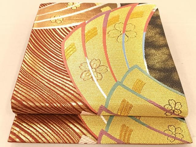 平和屋着物◎六通柄袋帯 皇華錦 扇舞花文 金糸 正絹 逸品 AAAP9982ey