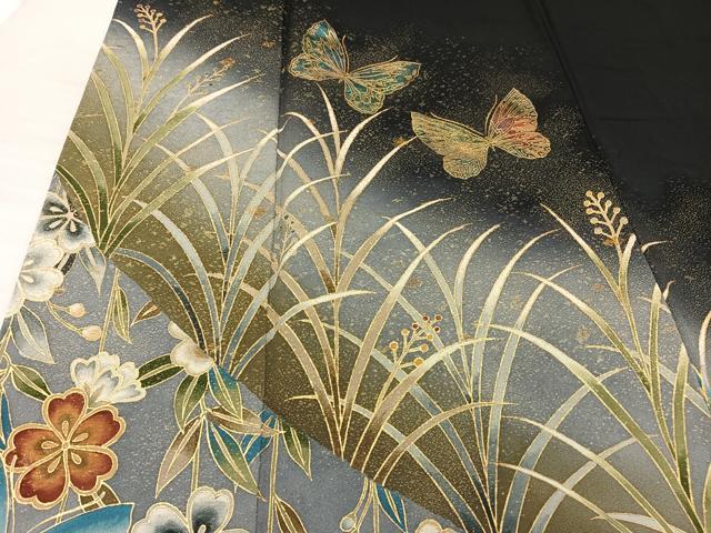 平和屋着物●染色作家 斉藤三才 黒留袖 寿光織 舞蝶花文 暈し染め 金彩 正絹 逸品 AAAQ0230np