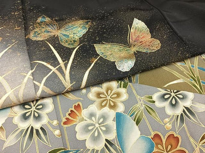 平和屋着物●染色作家 斉藤三才 黒留袖 寿光織 舞蝶花文 暈し染め 金彩 正絹 逸品 AAAQ0230np