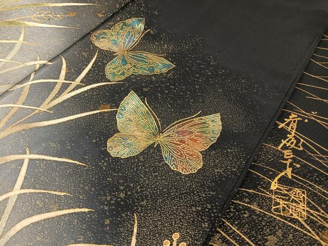 平和屋着物●染色作家 斉藤三才 黒留袖 寿光織 舞蝶花文 暈し染め 金彩 正絹 逸品 AAAQ0230np