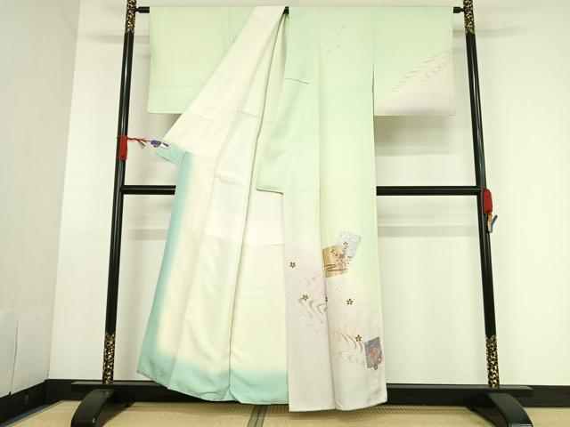 平和屋着物●訪問着 刺繍 色紙花文 暈し染め 金彩 正絹 逸品 AAAQ0463np