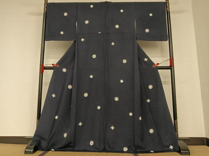 平和屋着物●上質な小紋 正倉院花文 漆黒色地 ロング丈 正絹 逸品 AAAQ0468np