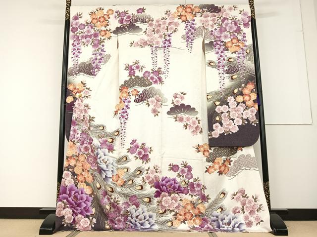 平和屋着物●NICOLE 振袖 駒刺繍 孔雀羽草花文 暈し染め 金彩 銀通し地 正絹 逸品 AAAQ0666np